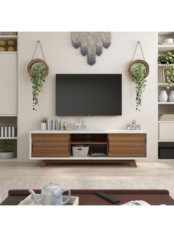 ioHOMES Powelston Mid-Century 63-inch TV Stand, White and Light Walnut Brown - Image 4